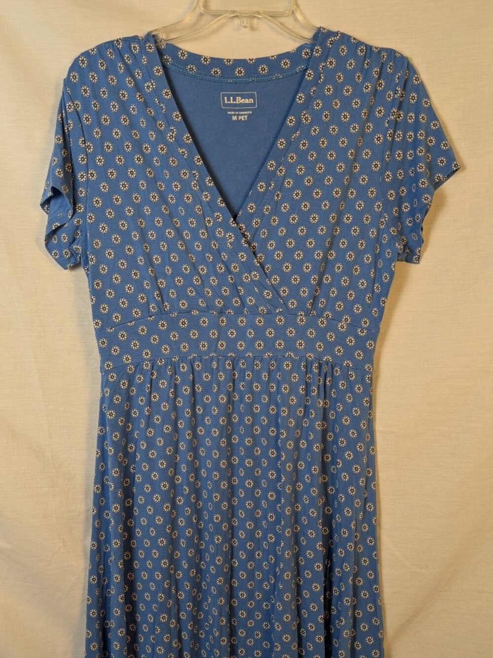 LL Bean Blue‎ Flower Print V-Neck Short Sleeve Dress M Petite Midi Cottagecore